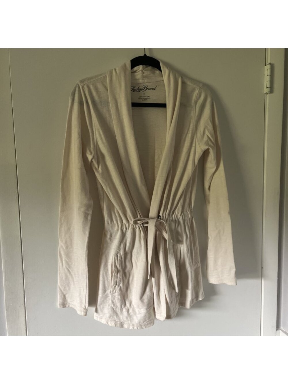 Lucky Brand Cotton Collar Open Front Tie Waist Cardigan Sweater Small Women’s